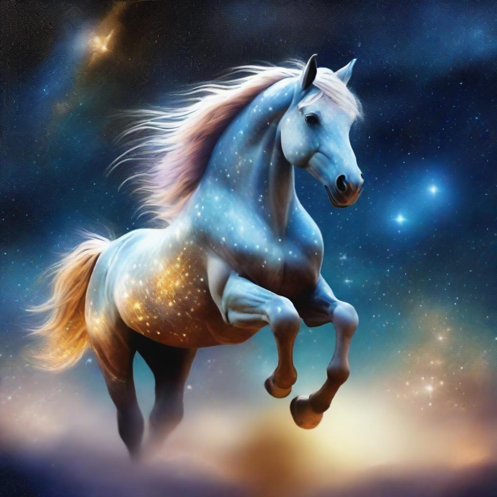 Generate an image of a celestial horse, its form composed of glittering stars and nebulae