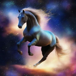 Generate an image of a celestial horse, its form composed of glittering stars and nebulae