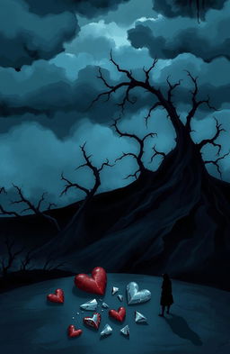 A conceptual illustration representing the opposite of love, depicted as an abstract and dark landscape featuring cold colors like deep blues and blacks