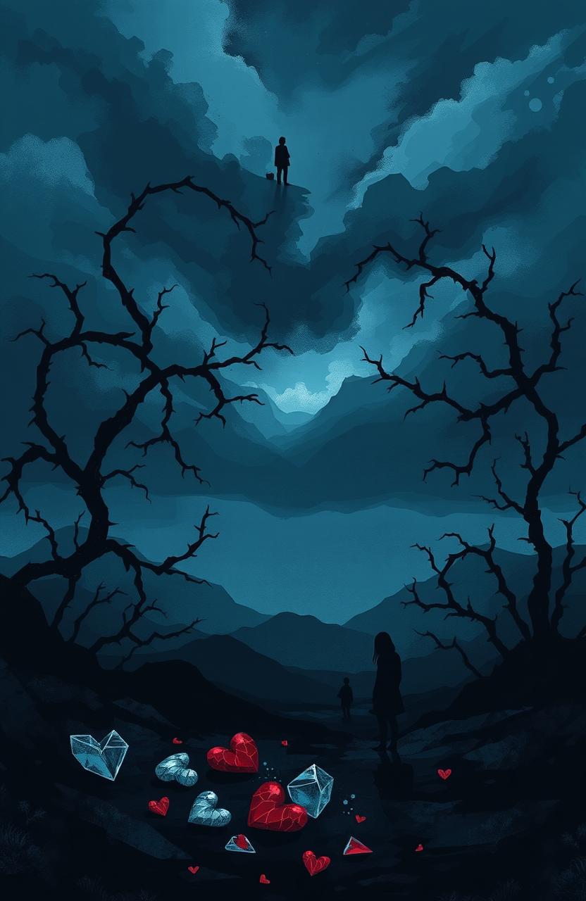 A conceptual illustration representing the opposite of love, depicted as an abstract and dark landscape featuring cold colors like deep blues and blacks