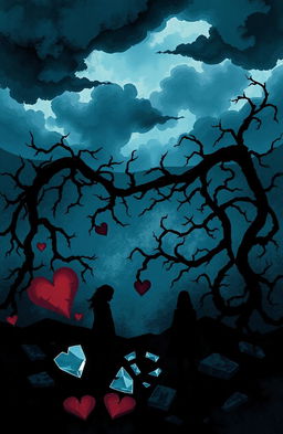 A conceptual illustration representing the opposite of love, depicted as an abstract and dark landscape featuring cold colors like deep blues and blacks