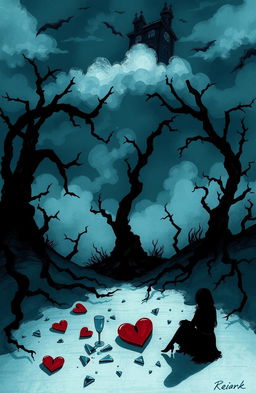 A conceptual illustration representing the opposite of love, depicted as an abstract and dark landscape featuring cold colors like deep blues and blacks