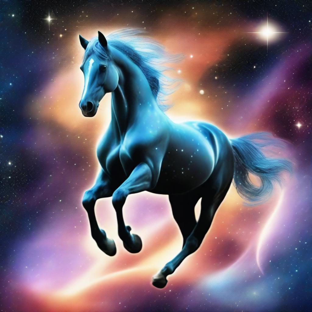 Generate an image of a celestial horse, its form composed of glittering stars and nebulae