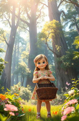 A young girl named Anya stands before a beautiful enchanted forest, holding a wicker basket in her hands