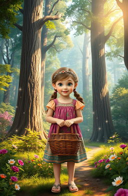 A young girl named Anya stands before a beautiful enchanted forest, holding a wicker basket in her hands