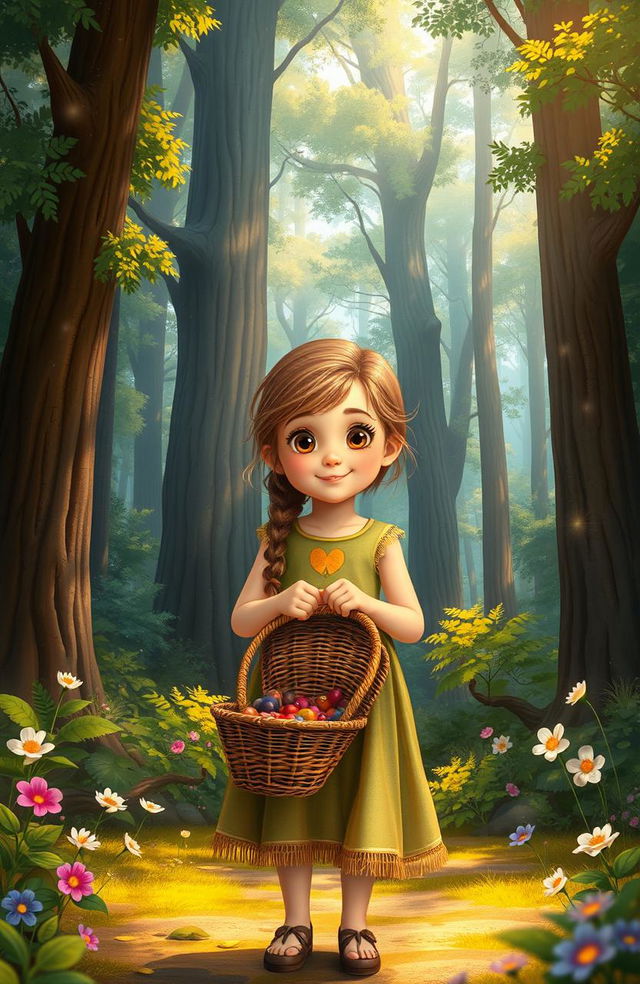 A young girl named Anya stands before a beautiful enchanted forest, holding a wicker basket in her hands