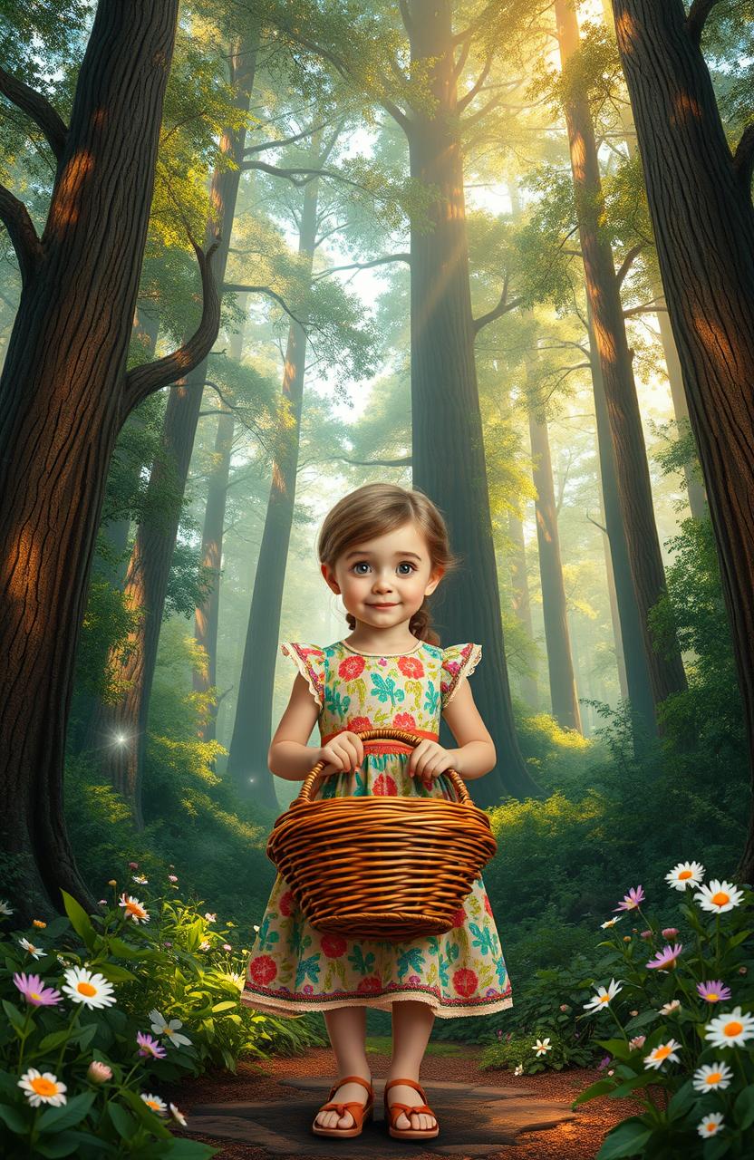 A young girl named Anya stands before a beautiful enchanted forest, holding a wicker basket in her hands