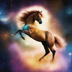 Generate an image of a celestial horse, its form composed of glittering stars and nebulae