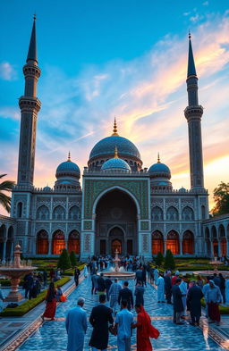 An artistic representation of Islamic architecture, showcasing a majestic mosque with intricate geometric patterns and beautiful calligraphy