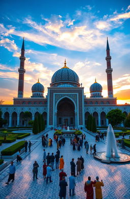 An artistic representation of Islamic architecture, showcasing a majestic mosque with intricate geometric patterns and beautiful calligraphy