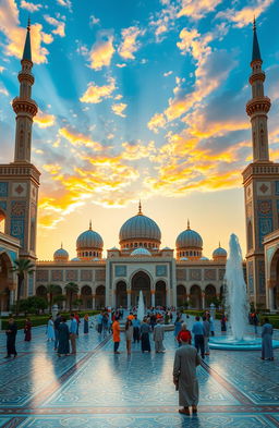 An artistic representation of Islamic architecture, showcasing a majestic mosque with intricate geometric patterns and beautiful calligraphy