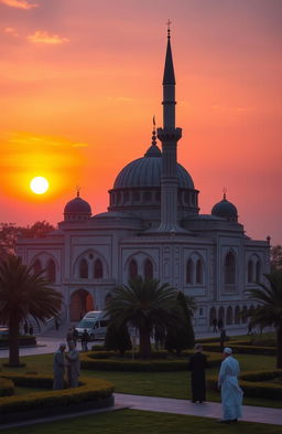 A serene and beautiful depiction of an Islamic mosque during sunset, showcasing intricate architectural details like domes and minarets, surrounded by lush gardens and palm trees