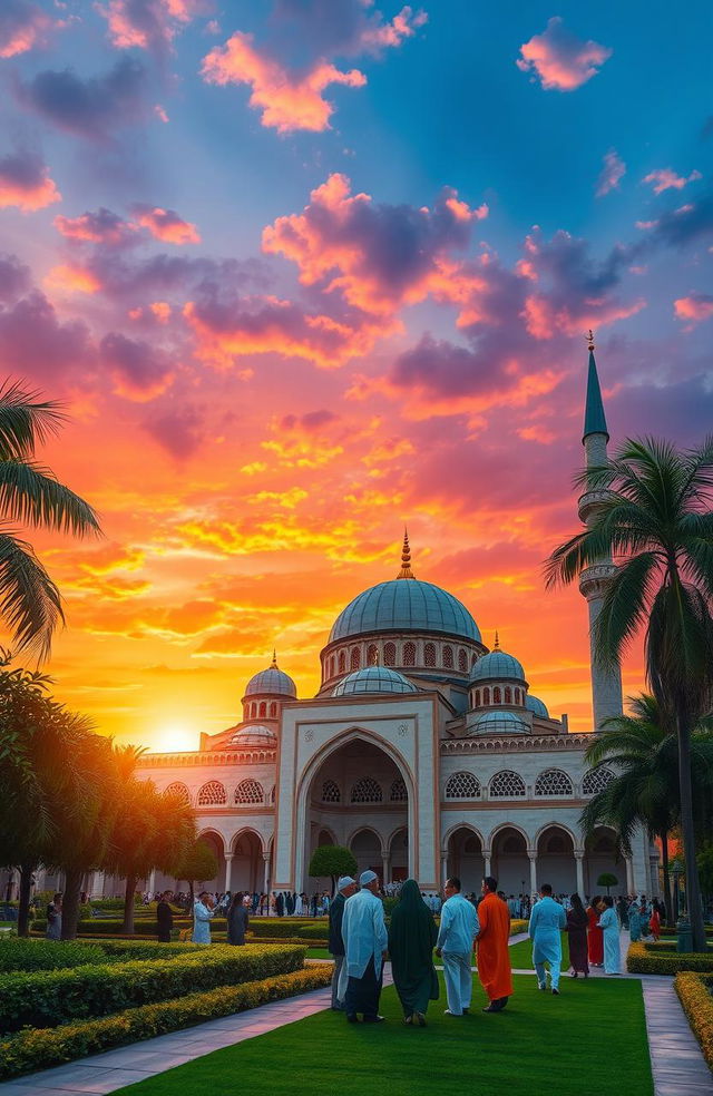 A serene and beautiful depiction of an Islamic mosque during sunset, showcasing intricate architectural details like domes and minarets, surrounded by lush gardens and palm trees