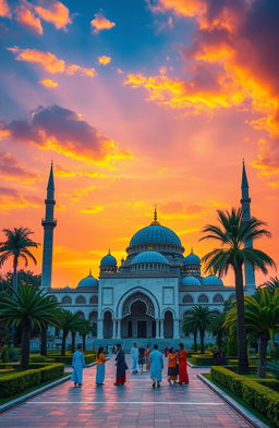A serene and beautiful depiction of an Islamic mosque during sunset, showcasing intricate architectural details like domes and minarets, surrounded by lush gardens and palm trees