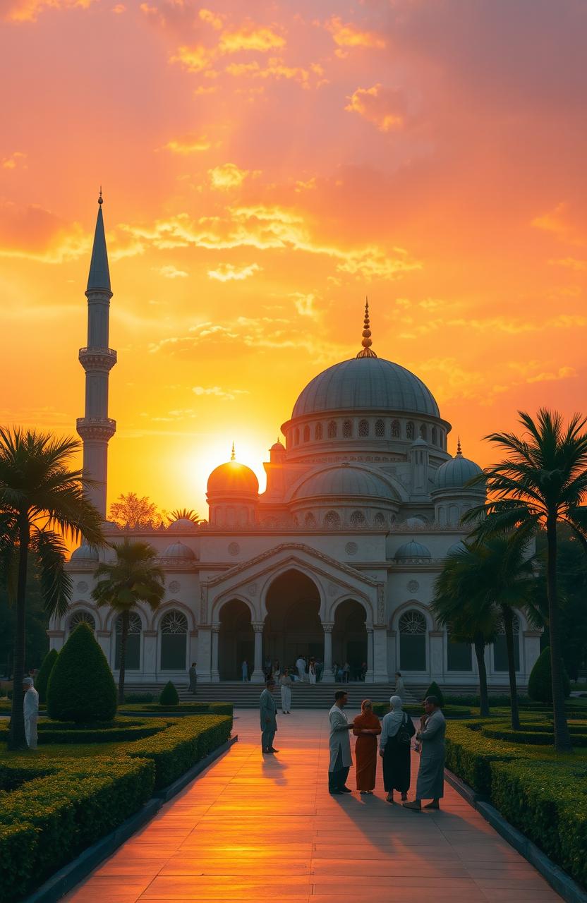 A serene and beautiful depiction of an Islamic mosque during sunset, showcasing intricate architectural details like domes and minarets, surrounded by lush gardens and palm trees