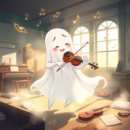 An anime-style illustration of a friendly ghost with flowing, ethereal features, gracefully playing a violin in a school music room
