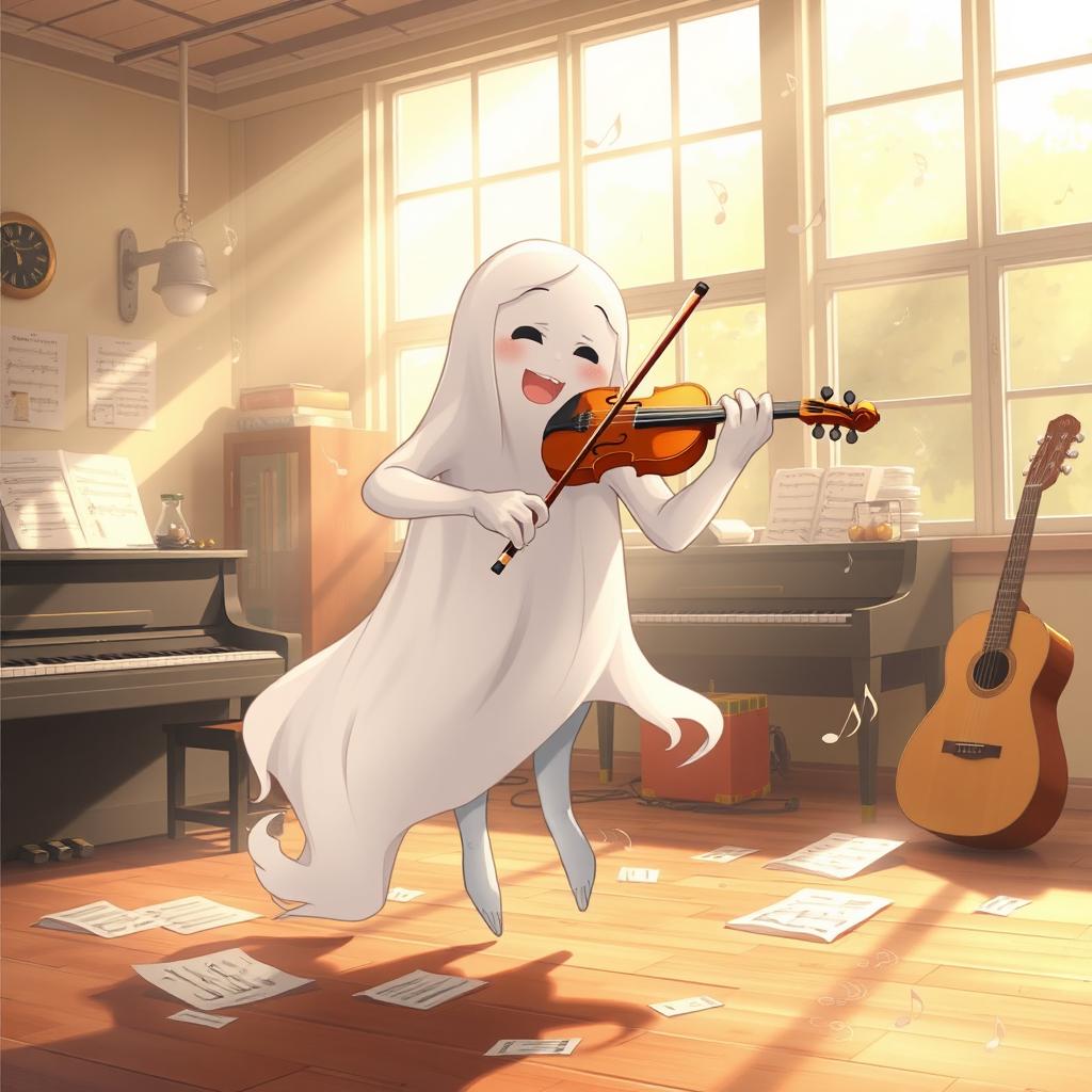 An anime-style illustration of a friendly ghost with flowing, ethereal features, gracefully playing a violin in a school music room