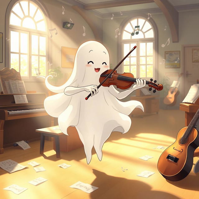 An anime-style illustration of a friendly ghost with flowing, ethereal features, gracefully playing a violin in a school music room