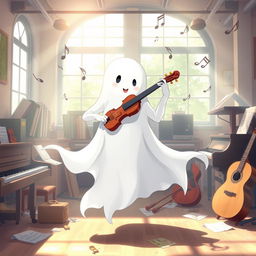 An anime-style illustration of a friendly ghost with flowing, ethereal features, gracefully playing a violin in a school music room