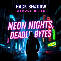 A book cover design for 'Neon Nights, Deadly Bytes' by Hack Shadow, featuring a captivating cyberpunk detective noir theme