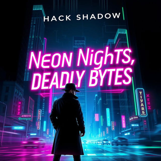 A book cover design for 'Neon Nights, Deadly Bytes' by Hack Shadow, featuring a captivating cyberpunk detective noir theme