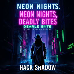A book cover design for 'Neon Nights, Deadly Bytes' by Hack Shadow, featuring a captivating cyberpunk detective noir theme
