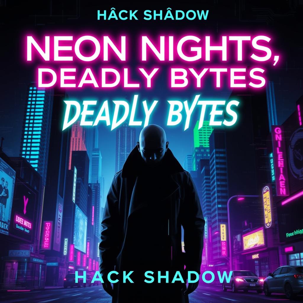 A book cover design for 'Neon Nights, Deadly Bytes' by Hack Shadow, featuring a captivating cyberpunk detective noir theme