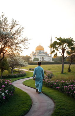 A peaceful and serene scene depicting a person walking through a beautiful landscape that symbolizes the journey of life in Islam