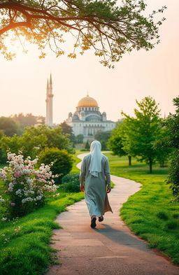 A peaceful and serene scene depicting a person walking through a beautiful landscape that symbolizes the journey of life in Islam