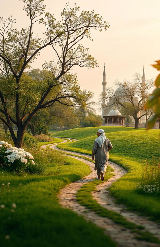 A peaceful and serene scene depicting a person walking through a beautiful landscape that symbolizes the journey of life in Islam