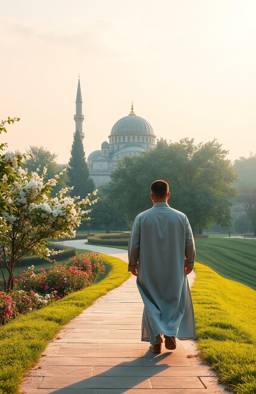 A peaceful and serene scene depicting a person walking through a beautiful landscape that symbolizes the journey of life in Islam
