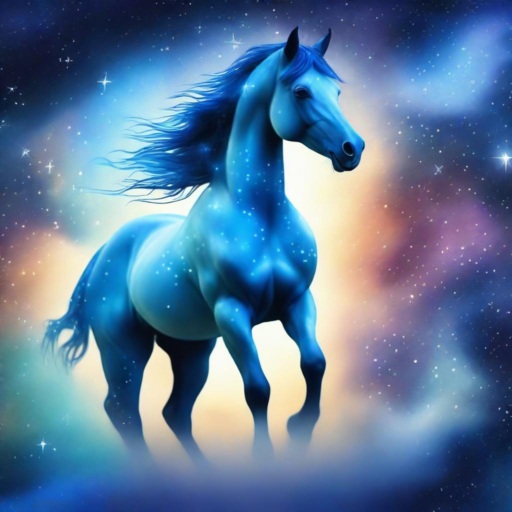 Generate an image of a celestial horse whose form is composed of twinkling stars and nebulae, a manifestation of the universe itself