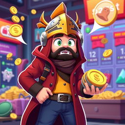 An avatar character with a warrior helmet, long coat, and jeans, looking very surprised as they spend all their Robux