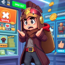 An avatar character with a warrior helmet, long coat, and jeans, looking very surprised as they spend all their Robux