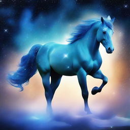 Generate an image of a celestial horse whose form is composed of twinkling stars and nebulae, a manifestation of the universe itself