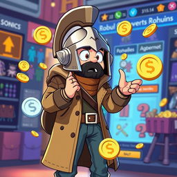 An avatar character with a warrior helmet, long coat, and jeans, looking very surprised as they spend all their Robux