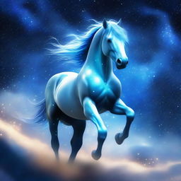 Generate an image of a celestial horse whose form is composed of twinkling stars and nebulae, a manifestation of the universe itself