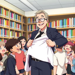 An anime scene depicting a teacher named Professor Edmundo humorously removing a ghost costume in a school library in front of amused students
