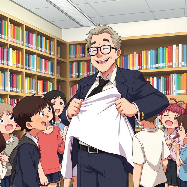 An anime scene depicting a teacher named Professor Edmundo humorously removing a ghost costume in a school library in front of amused students