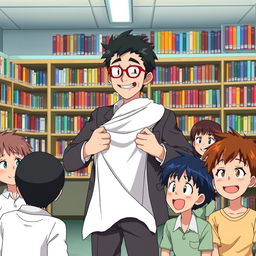 An anime scene depicting a teacher named Professor Edmundo humorously removing a ghost costume in a school library in front of amused students