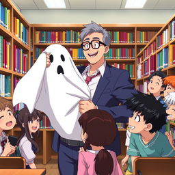 An anime scene depicting a teacher named Professor Edmundo humorously removing a ghost costume in a school library in front of amused students