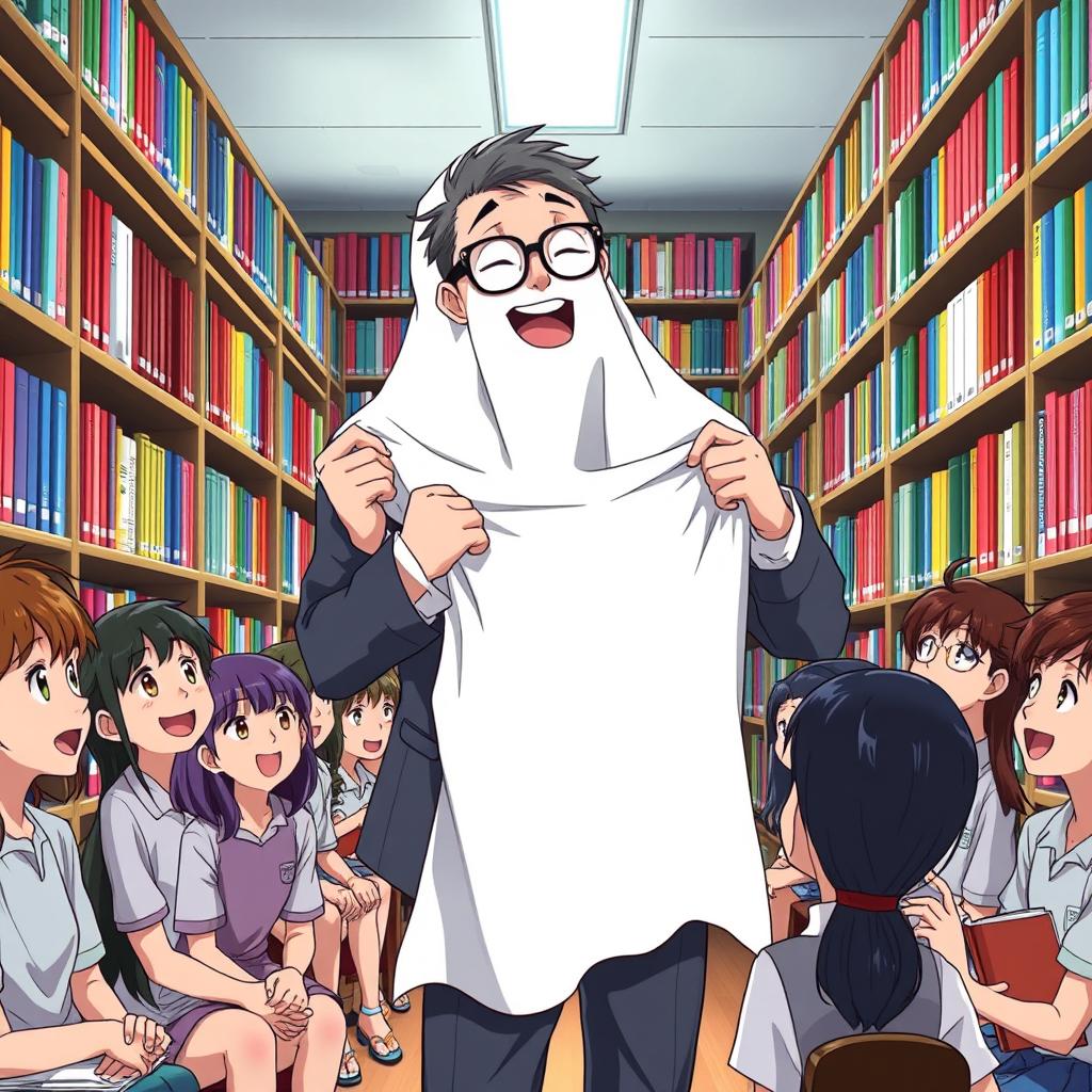 An anime scene depicting a teacher named Professor Edmundo humorously removing a ghost costume in a school library in front of amused students