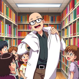 An anime scene featuring Professor Edmundo, a bald teacher humorously removing a ghost costume in a school library, surrounded by amused students