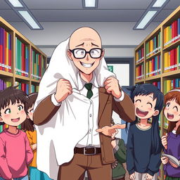 An anime scene featuring Professor Edmundo, a bald teacher humorously removing a ghost costume in a school library, surrounded by amused students