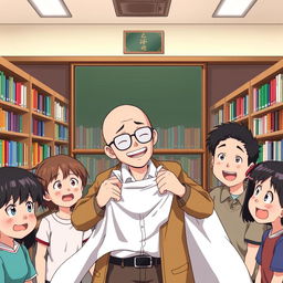 An anime scene featuring Professor Edmundo, a bald teacher humorously removing a ghost costume in a school library, surrounded by amused students
