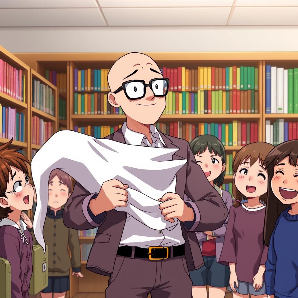 An anime scene featuring Professor Edmundo, a bald teacher humorously removing a ghost costume in a school library, surrounded by amused students