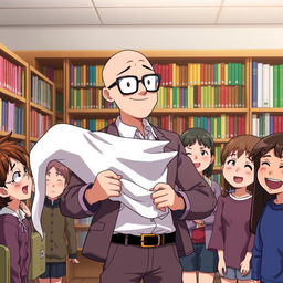 An anime scene featuring Professor Edmundo, a bald teacher humorously removing a ghost costume in a school library, surrounded by amused students