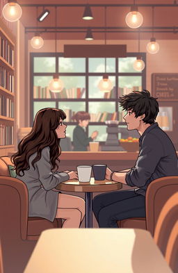 A romantic scene depicting a slow-burn love story between two young adults, set in a cozy coffee shop with warm lighting and comfortable seating