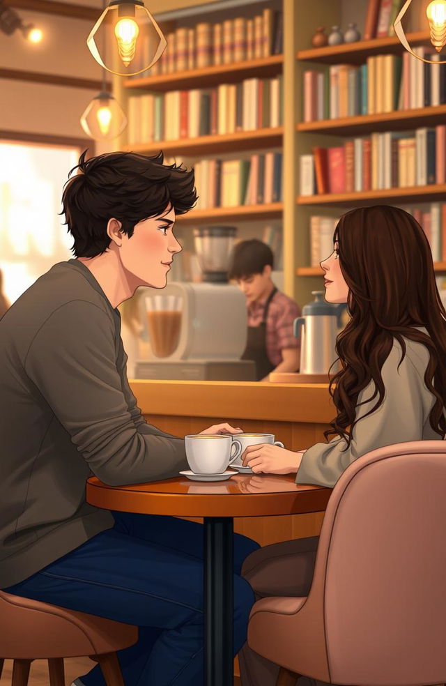 A romantic scene depicting a slow-burn love story between two young adults, set in a cozy coffee shop with warm lighting and comfortable seating