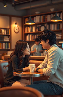 A romantic scene depicting a slow-burn love story between two young adults, set in a cozy coffee shop with warm lighting and comfortable seating